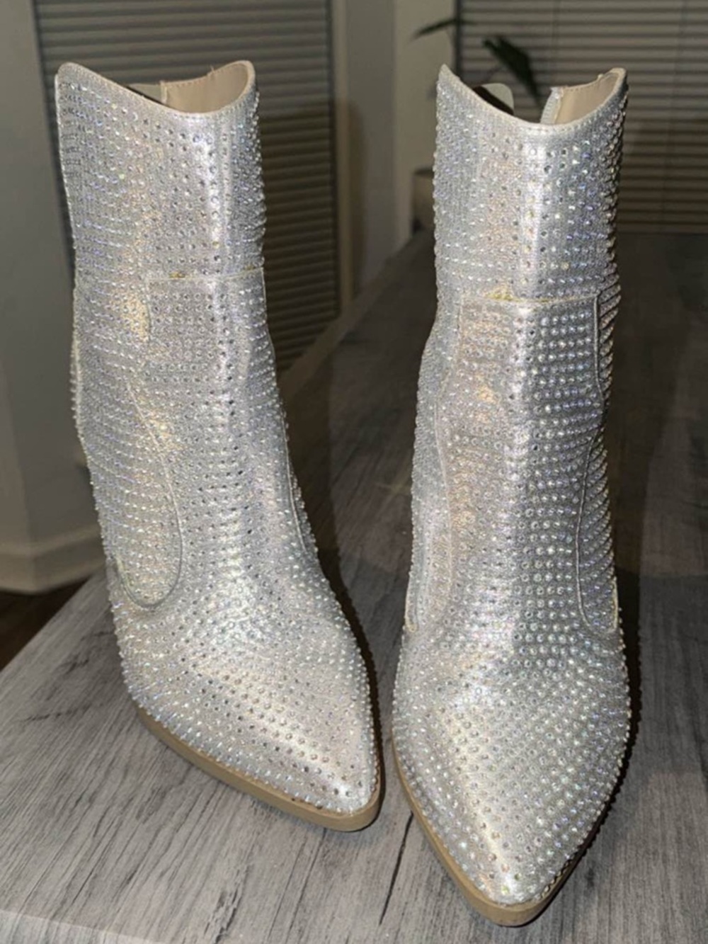 Women’s Crystal-Embellished Pointed Toe Ankle Boots - White NEVER WORN!